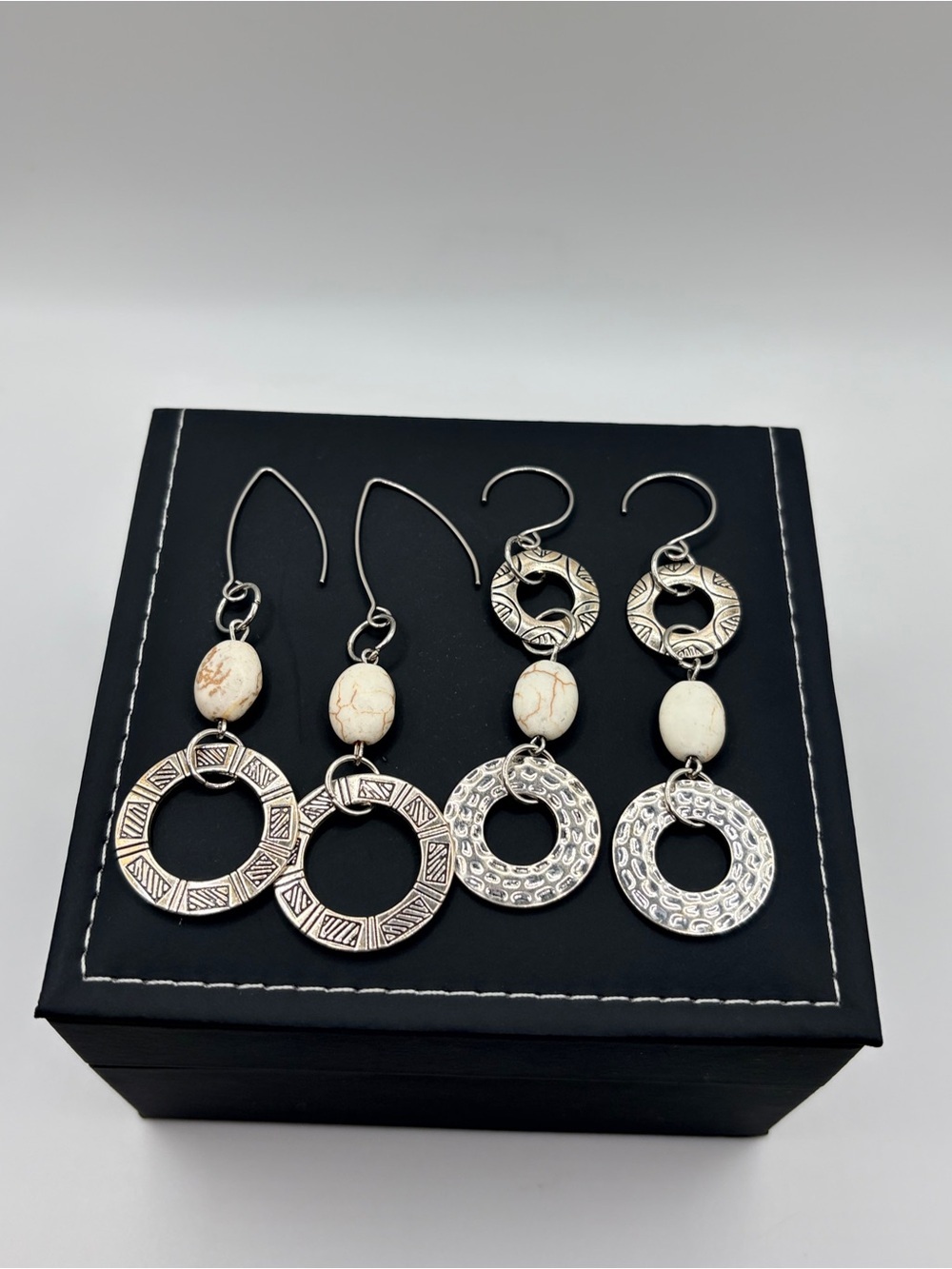 Silver and Cream Boho Circular Drop Earrings - Set of 2